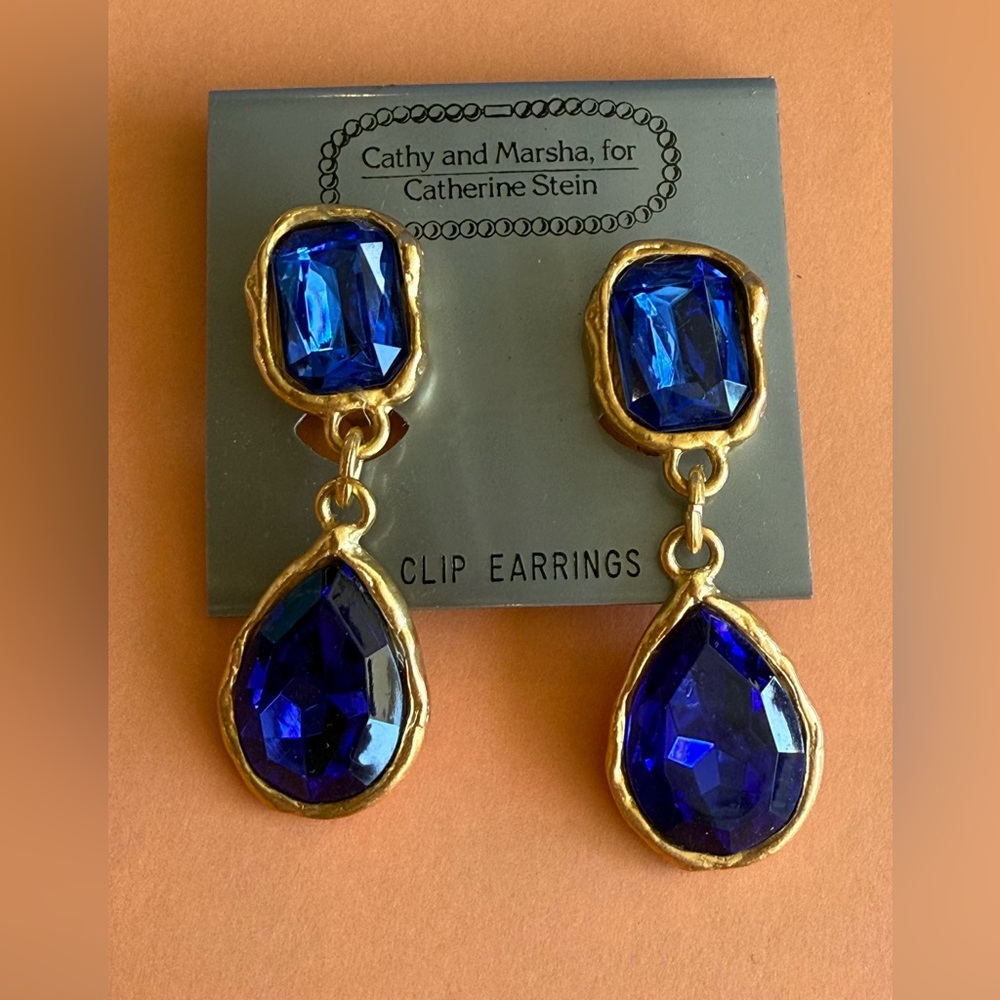 Vintage Cathy and Marsha for Catherine Stein Blue and Gold Clip On Drop Earrings